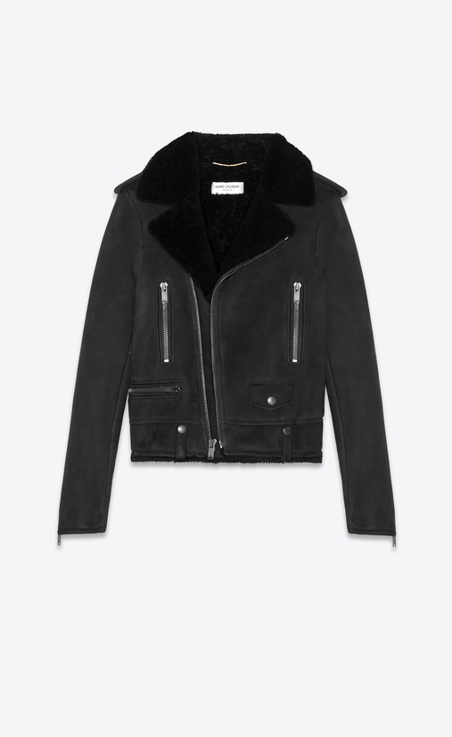 SAINT LAURENT Leather jacket Woman Biker jacket in black suede and shearling a_V4